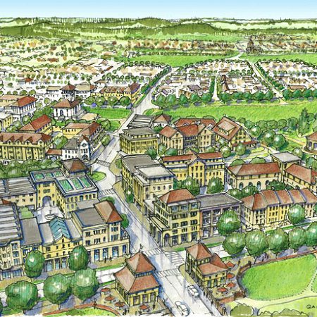 Illustrated aerial view of a suburban town.