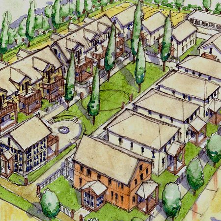 Aerial view of a residential neighborhood illustration.