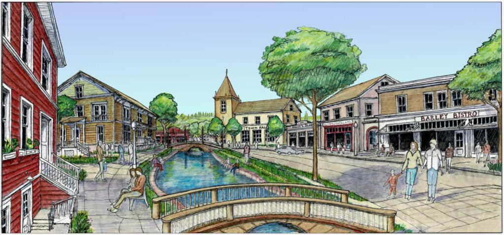 A charming riverside village with quaint buildings and a stone bridge.