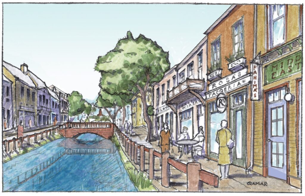 Charming canal street with trees and buildings under a bright sky.